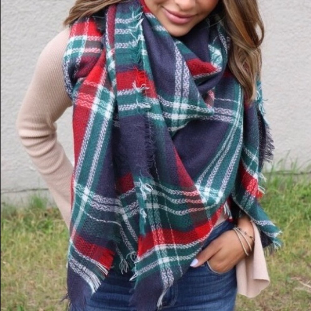 SOLD OUT Navy Holiday Plaid Winter Blanket Scarf - Picture 4 of 4